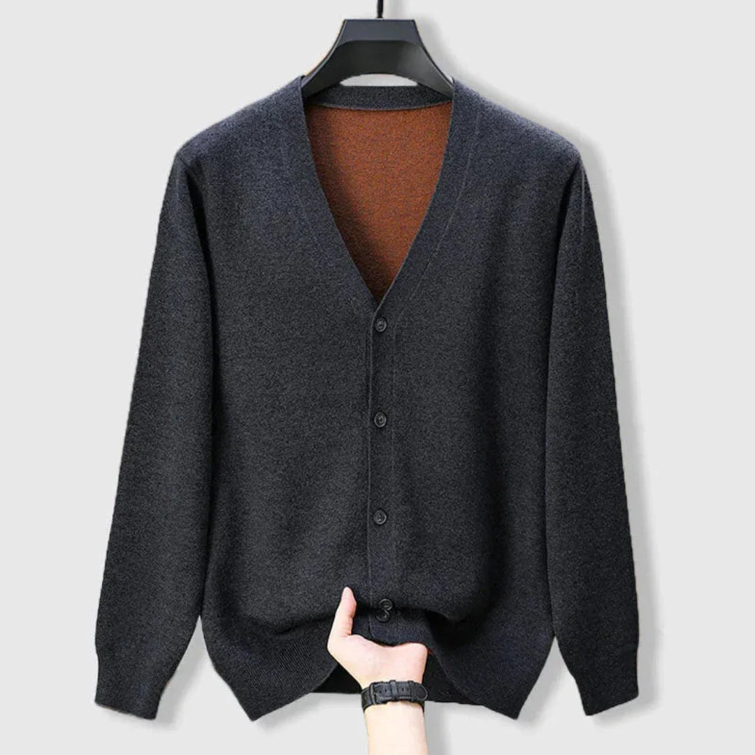 Archer men's ivory merino cashmere V-neck cardigan jacket with ribbed cuffs and button-down closure
