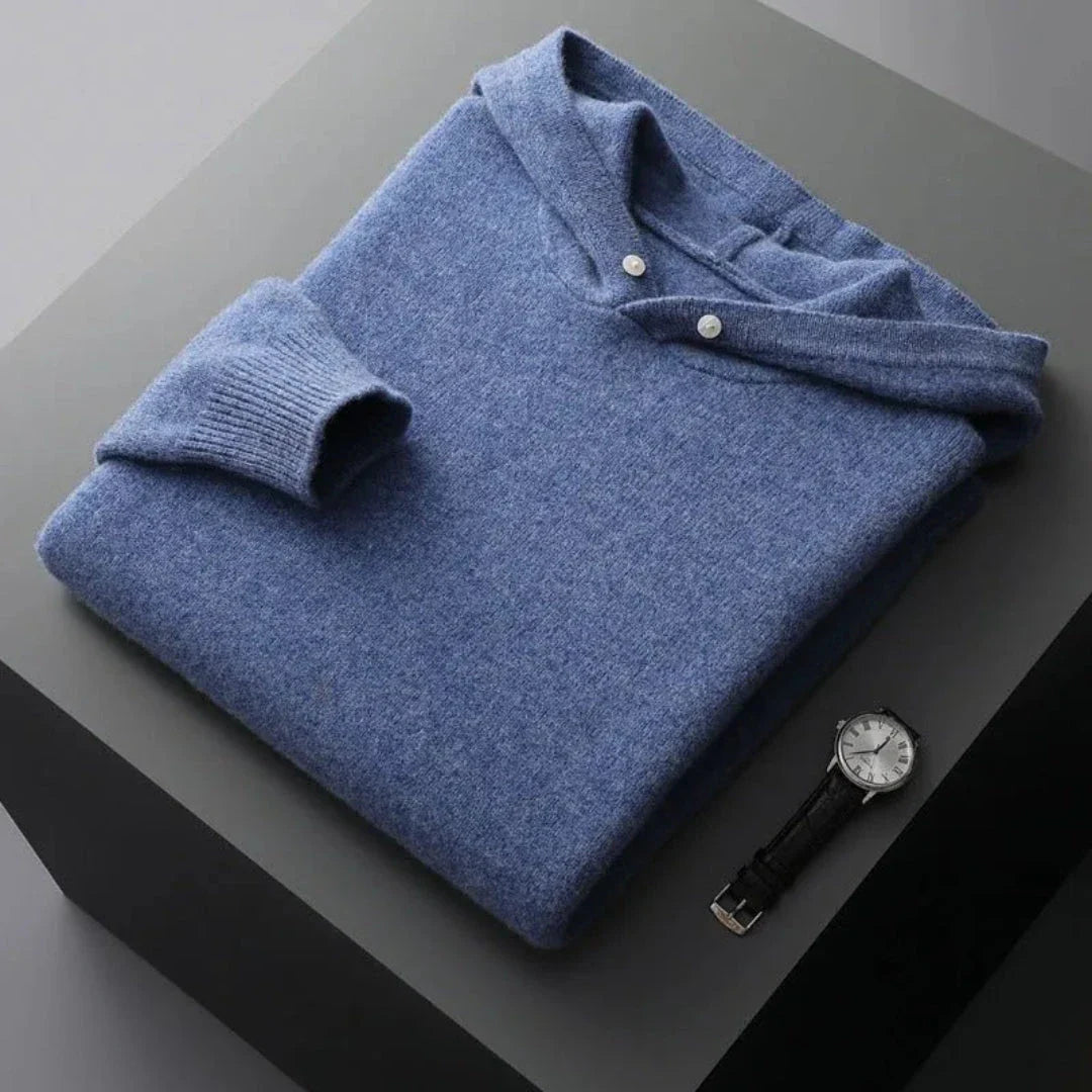 Archer gray merino wool knit hoodie, minimalist lightweight design with moisture-wicking fabric