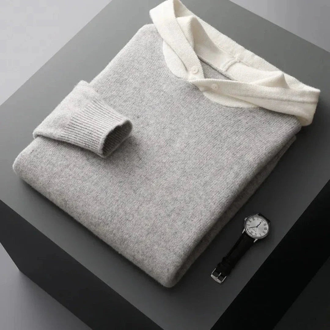 Archer gray merino wool knit hoodie, minimalist lightweight design with moisture-wicking fabric