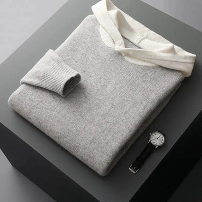 Archer gray merino wool knit hoodie, minimalist lightweight design with moisture-wicking fabric
