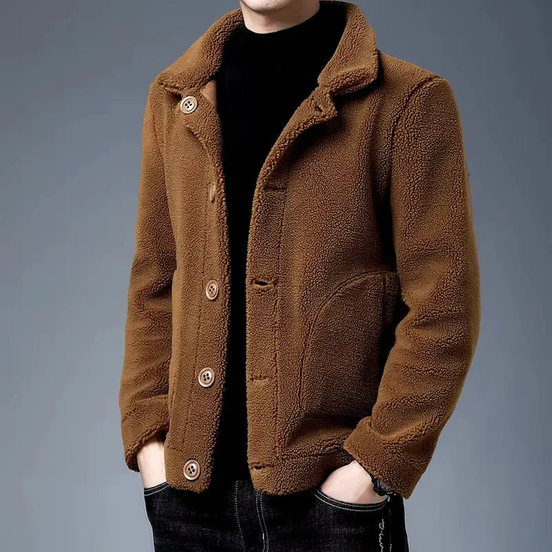 Noah oversized vegan fur jacket with wide lapels and bold front buttons, luxurious winter coat