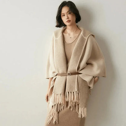 Aria ivory cashmere blend hooded poncho with fringe hem, relaxed open-front flowy fit