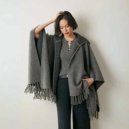 Ivory cashmere blend hooded poncho with fringe hem, relaxed open-front fit for effortless chic style