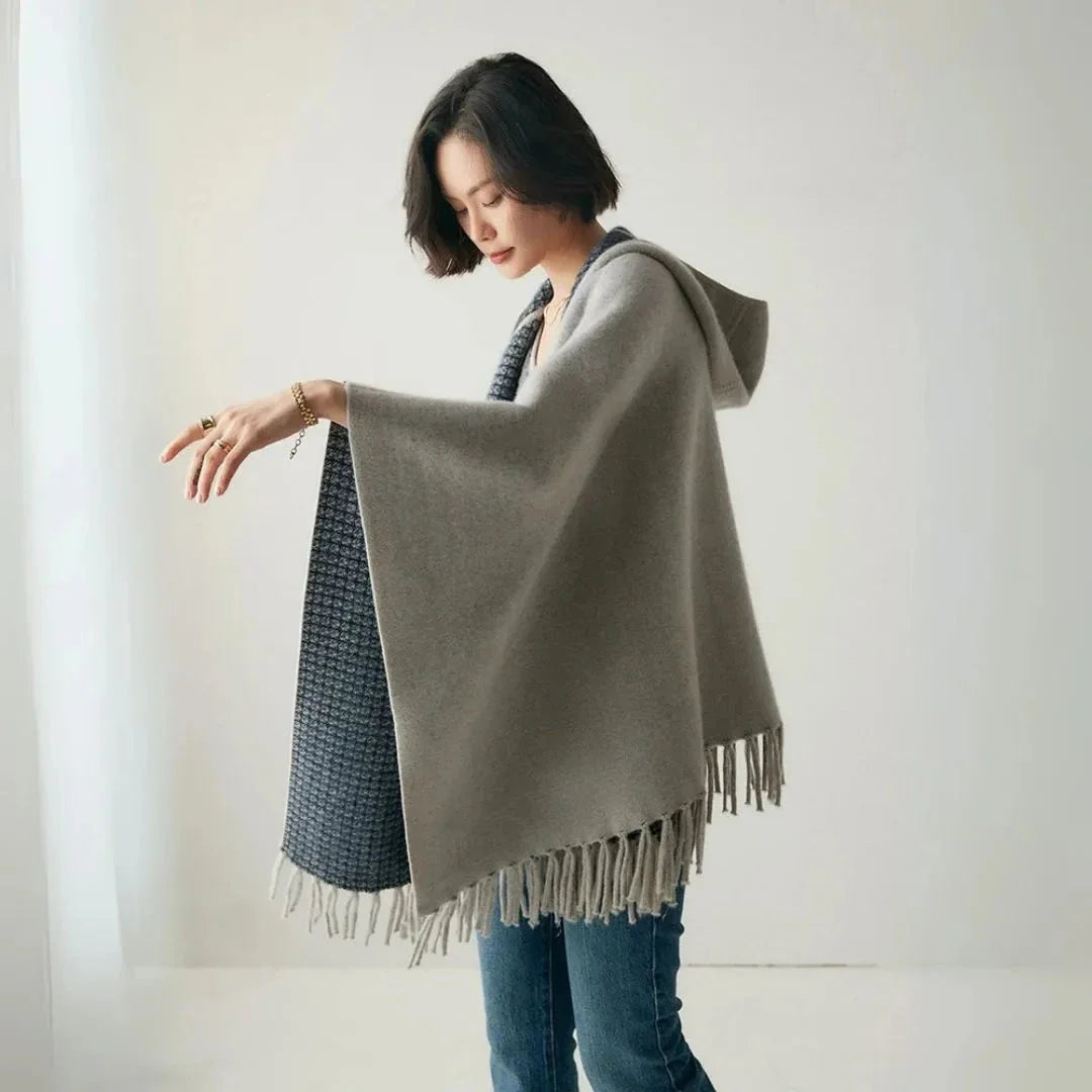Aria ivory cashmere blend hooded poncho with fringe hem, relaxed open-front flowy cape