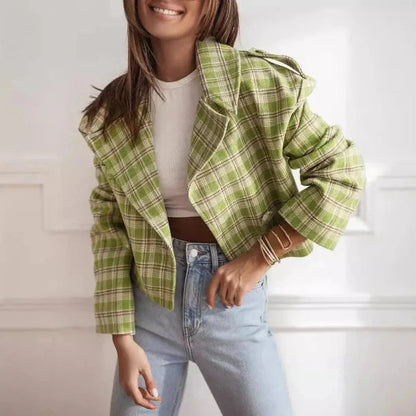 Ariana wool-blend cropped plaid jacket with structured shoulders and wide lapel collar