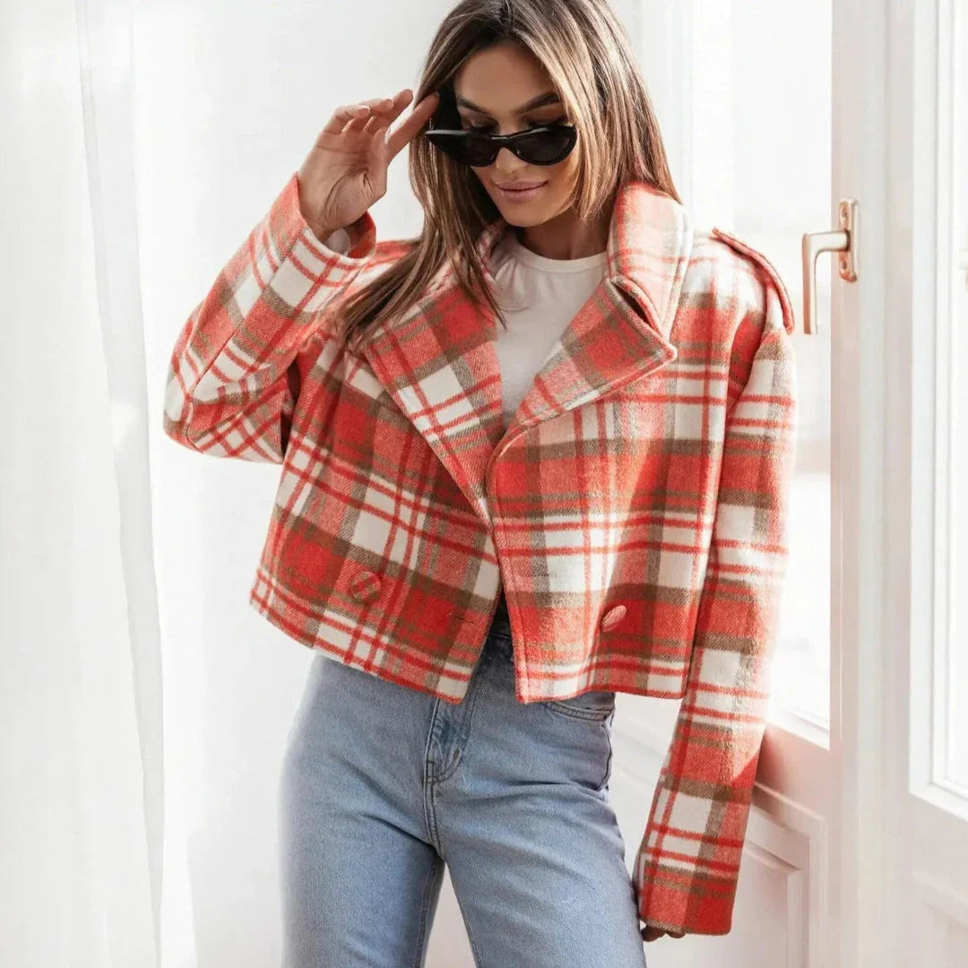 Ariana cropped plaid wool-blend jacket with structured shoulders and wide lapel collar