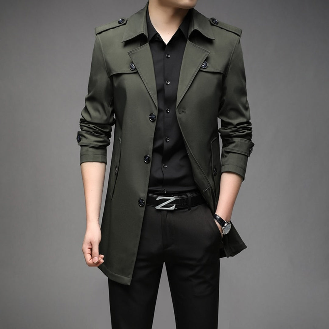 Men's beige single-breasted lightweight trench coat with streamlined silhouette for transitional wear