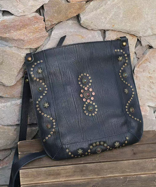 Sac messager à bandoulière en cuir solide et durable avec rivets noirs Art - Wavlynn