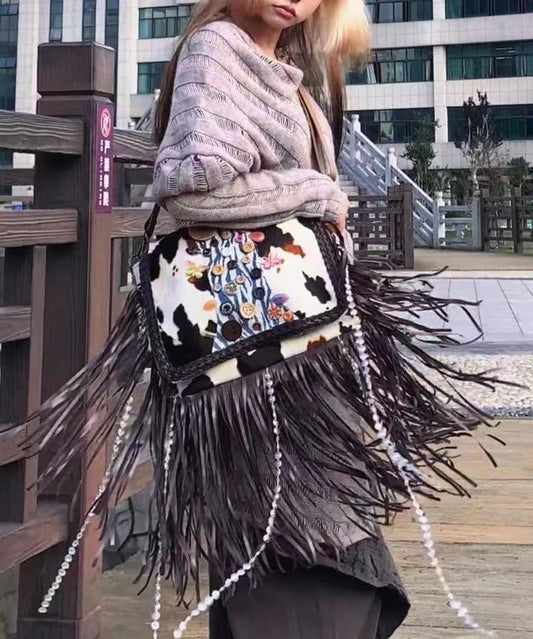 Sac messager en simili-daim marron avec bordure à franges et boutons décorés - Wavlynn