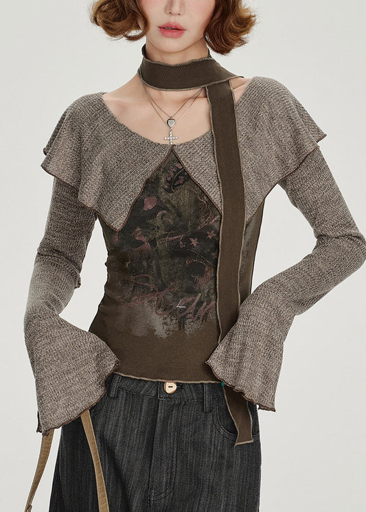 Chemise en coton patchwork à col Peter Pan Art Brown, printemps - Wavlynn