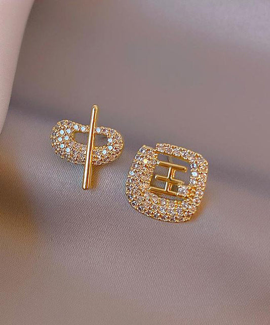 Boucles d'oreilles à clous asymétriques en or 14 carats avec zircons et caractères chinois - Wavlynn