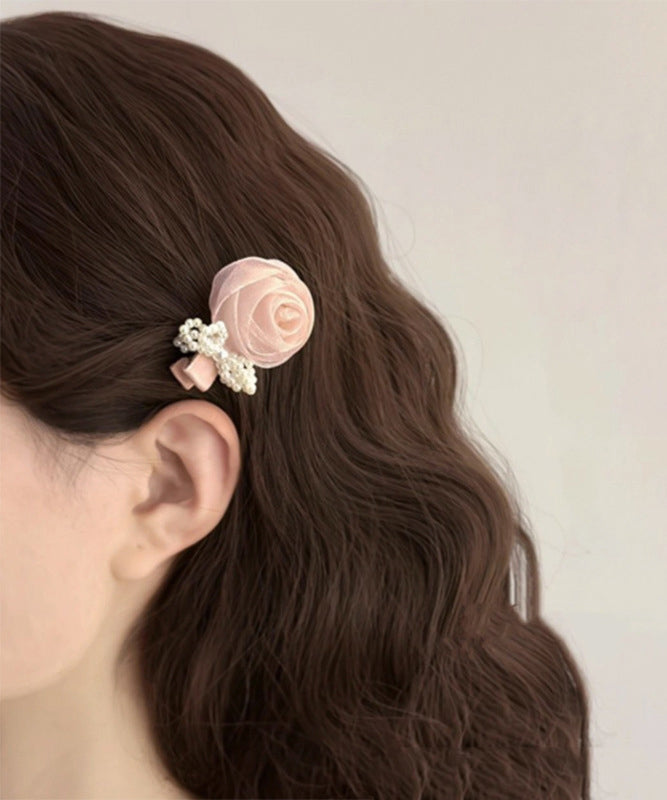 Épingle à cheveux en mousseline de soie rose avec nœud en forme de rose et perles - Wavlynn