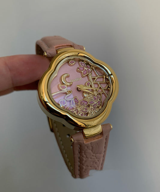 Montres à quartz en cuir de vachette rose Art - Wavlynn