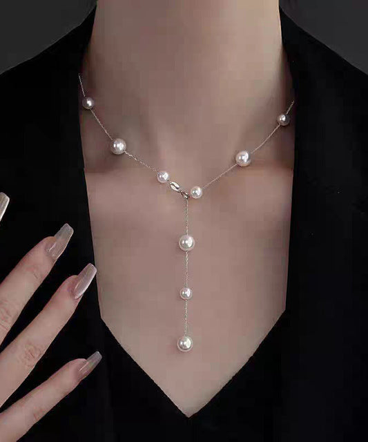 Collier avec pendentif en alliage d'acier inoxydable blanc et perle - Wavlynn