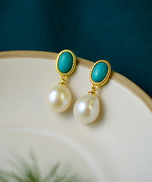 Boucles d'oreilles pendantes en argent sterling et perles turquoise surdorées Art White - Wavlynn
