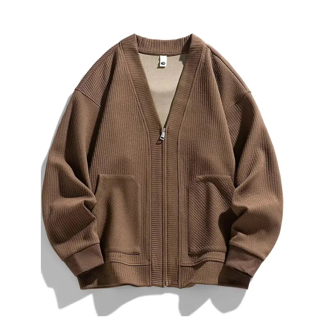 Black lightweight zip-up knitted cardigan relaxed fit layering piece with clean minimalist design