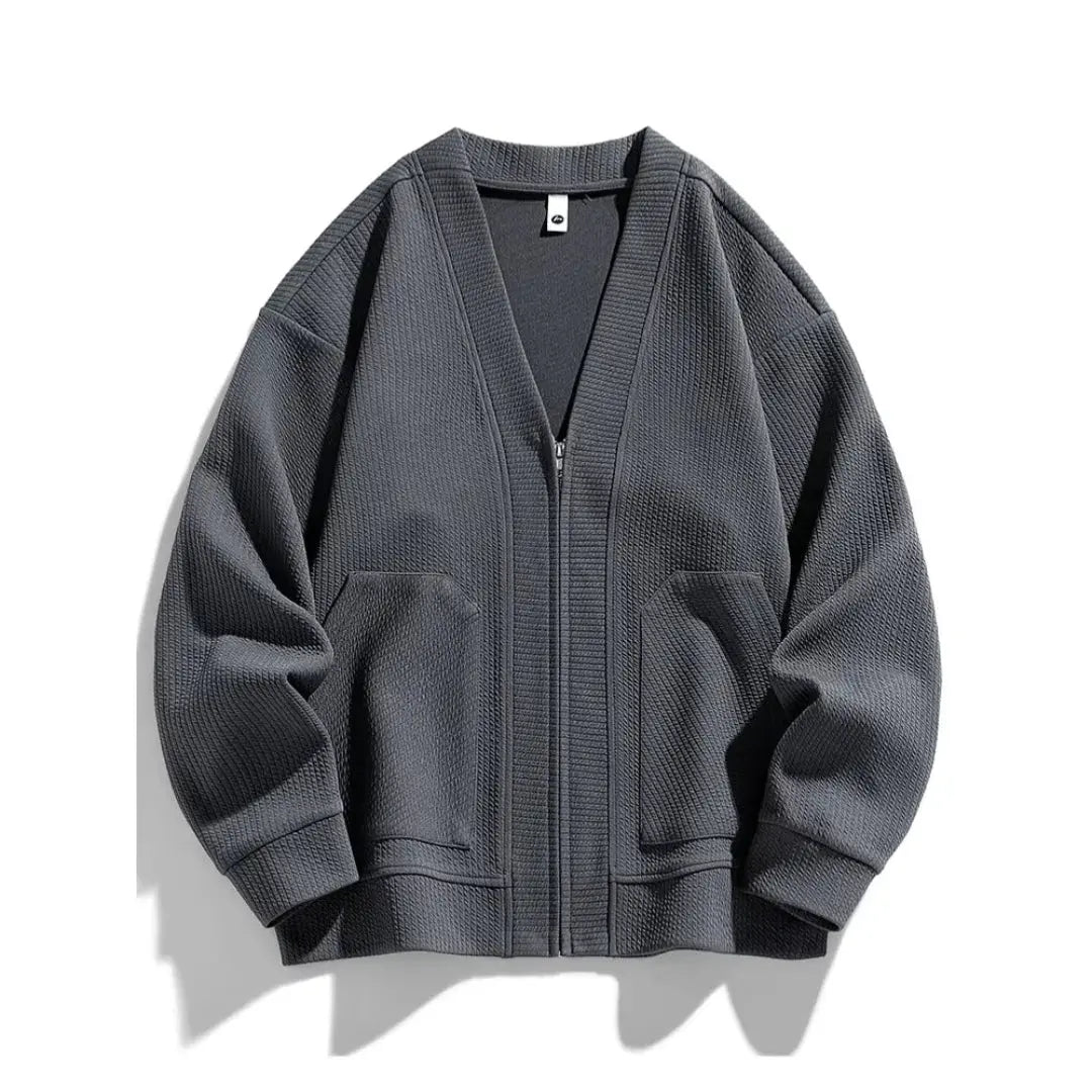Black lightweight knitted zip-up cardigan relaxed fit layering piece by Wavlynn Arthur collection