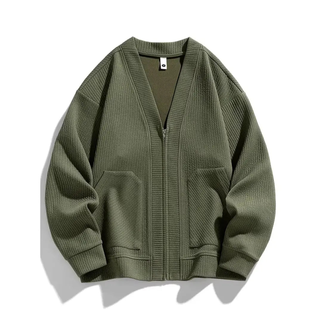Black lightweight knitted zip-up cardigan relaxed fit layering piece clean minimalist style