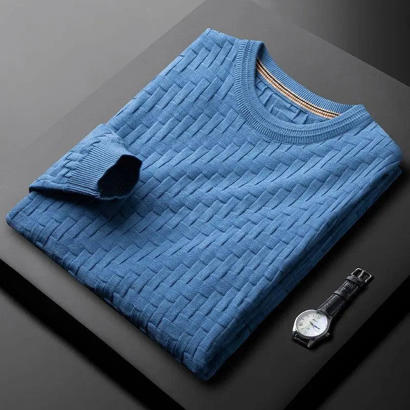 Men's green crewneck sweater with 3D geometric knit texture in cotton-blend fabric by Wavlynn