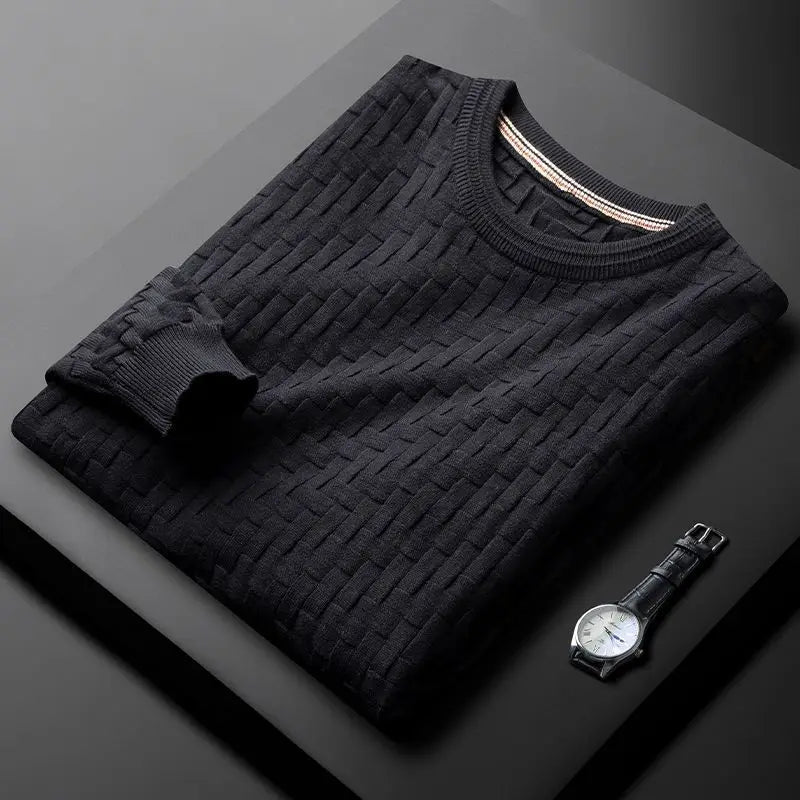 Men's green crewneck sweater 3D geometric knit cotton blend contemporary slim silhouette