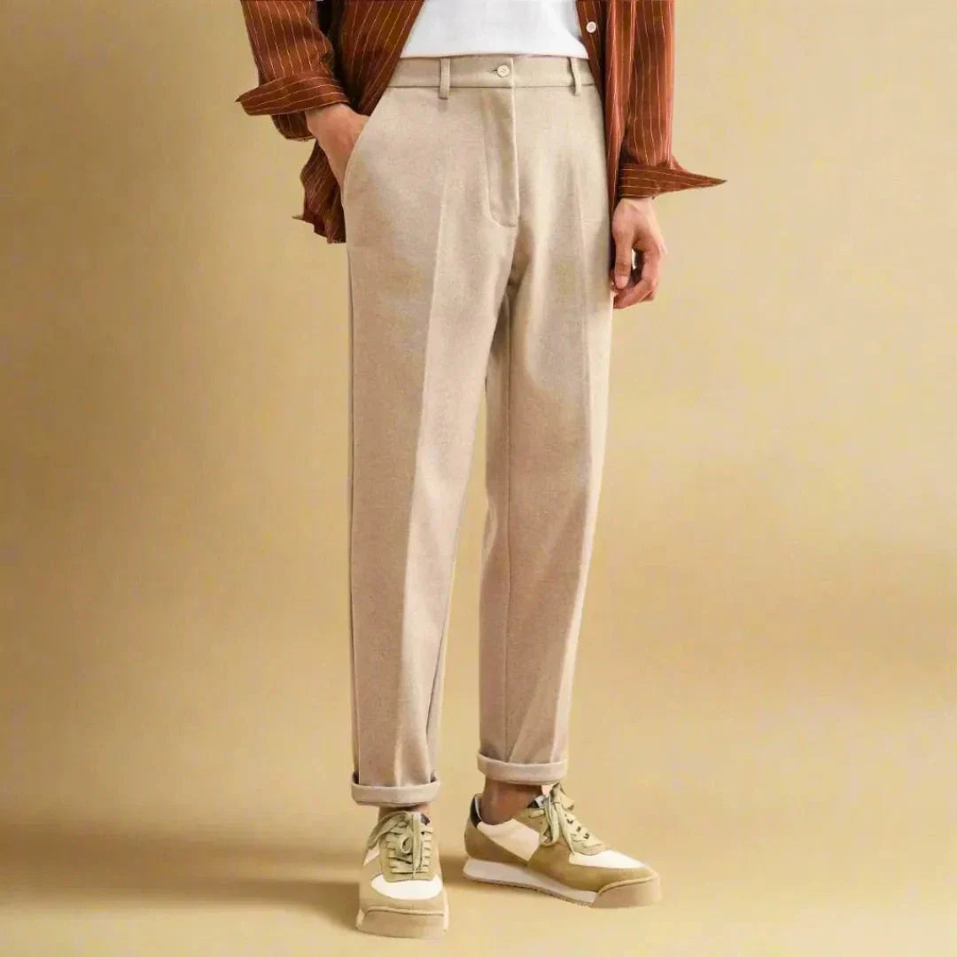 Aspen tailored wool-blend trousers with tapered leg and structured silhouette for office wear