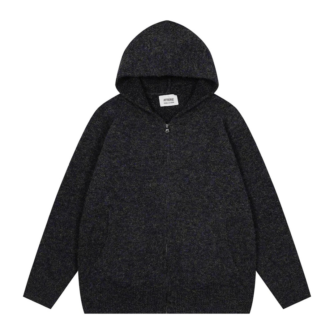 Knitted wool hoodie in neutral tone, regular fit zip-up sweater with hood and front pockets