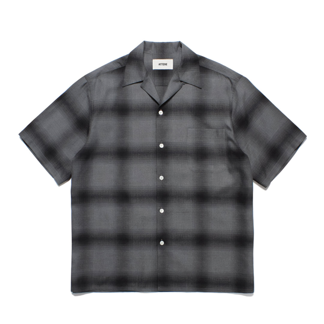 Shadow plaid Cuban collar short-sleeve shirt in neutral tones with button closure