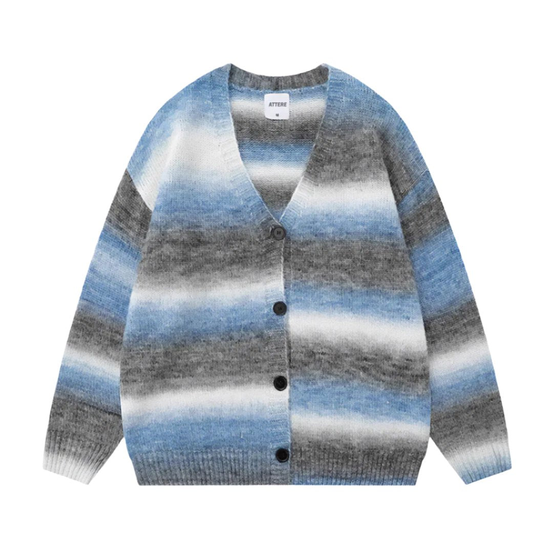 Cosmo striped wool blend oversized cardigan with V-neck, button closure, and gradient design
