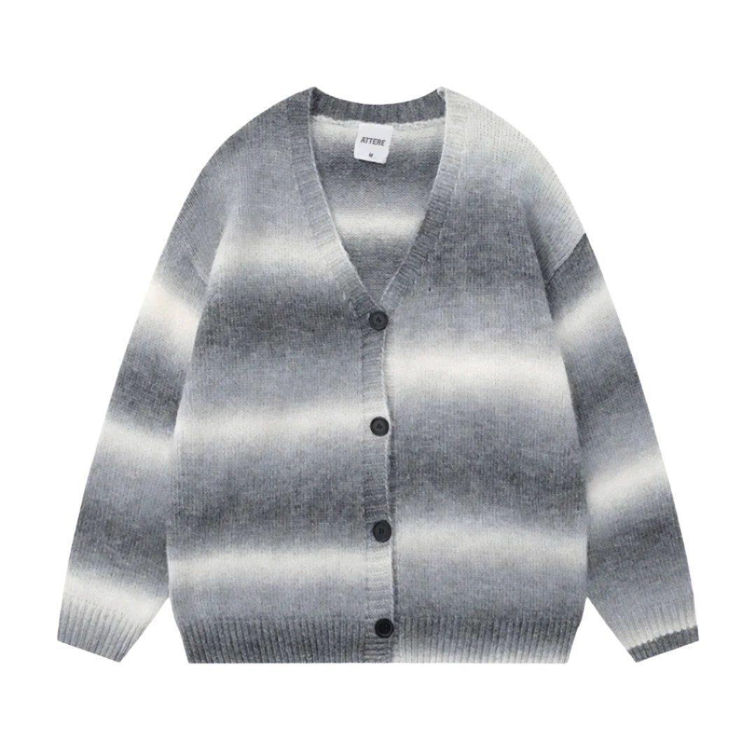 Cosmo striped wool blend oversized cardigan with V-neck, button closure, and gradient design