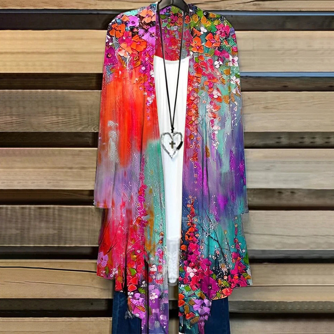 Women's lightweight chiffon kimono cardigan, open-front long-sleeve silhouette with vibrant floral print