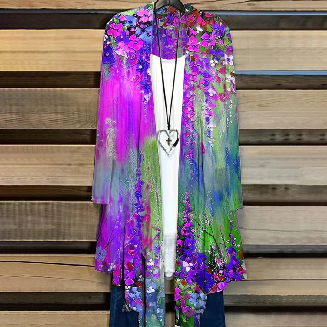 Women's lightweight chiffon kimono cardigan open-front long sleeves vibrant floral print breathable layer