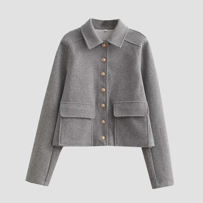 Elegant short wool blend coat with gold buttons, tailored urban chic silhouette for women