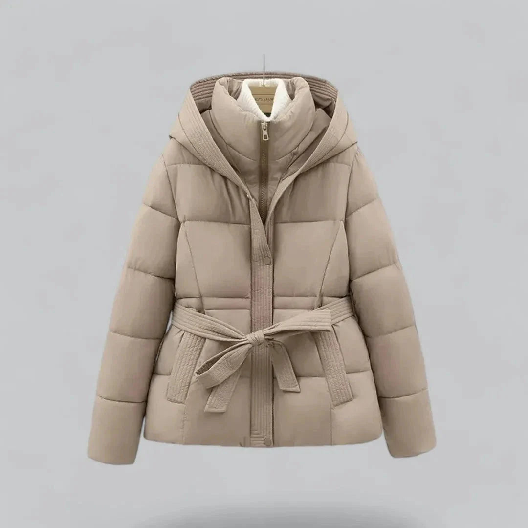 Women's belted hooded puffer jacket with quilted padding and adjustable waist belt for a flattering fit