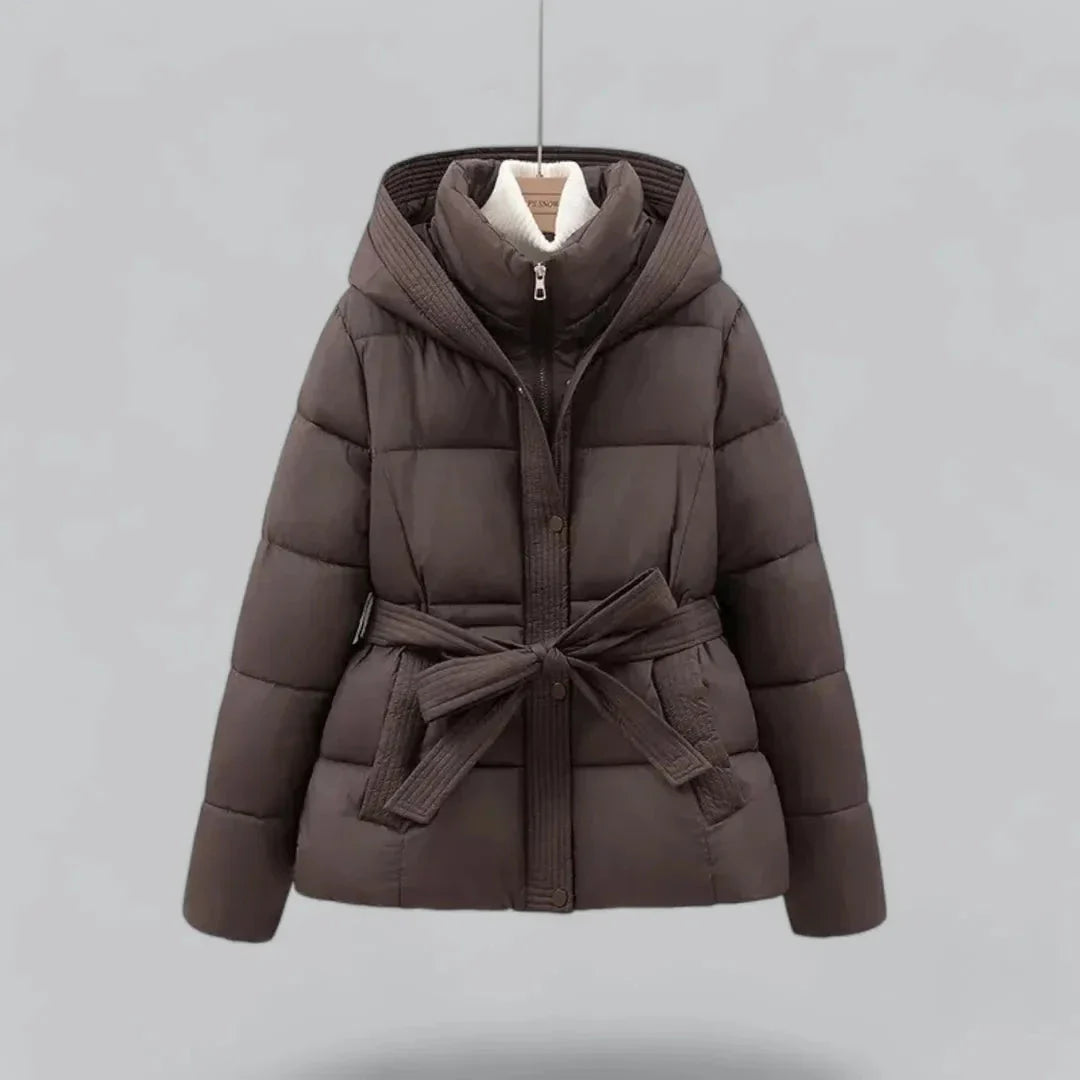 Quilted hooded puffer jacket with adjustable belt for a flattering silhouette