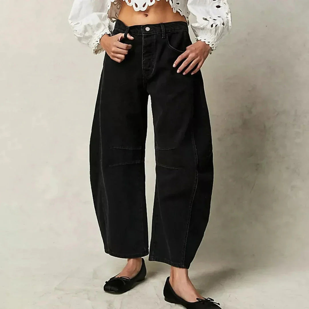 Aura mid-rise wide-leg comfort jeans in classic denim, relaxed ankle-grazing cut with flattering waistband