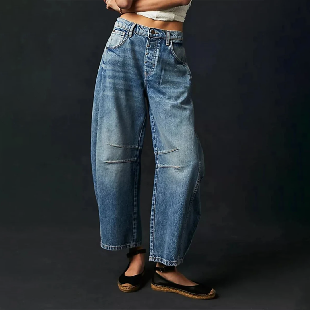 Aura mid-rise wide-leg comfort jeans in classic denim, relaxed ankle-grazing silhouette for street style
