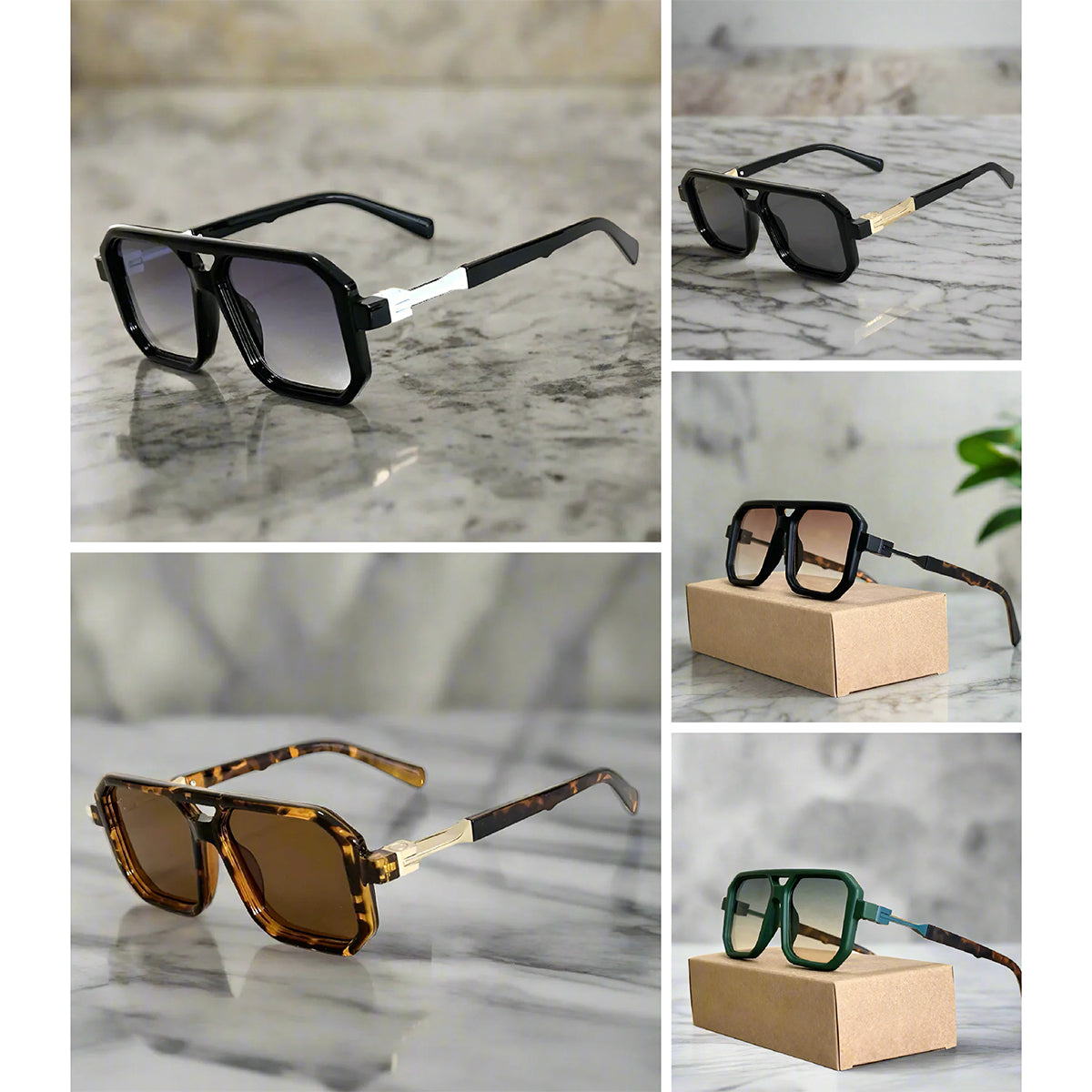 Aurelian square frame sunglasses with hexagonal lenses and gold accents for refined style