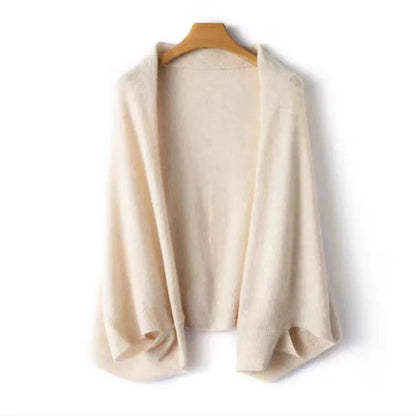 Ivory soft-knit wool shawl cardigan with open-front design and relaxed lightweight drape