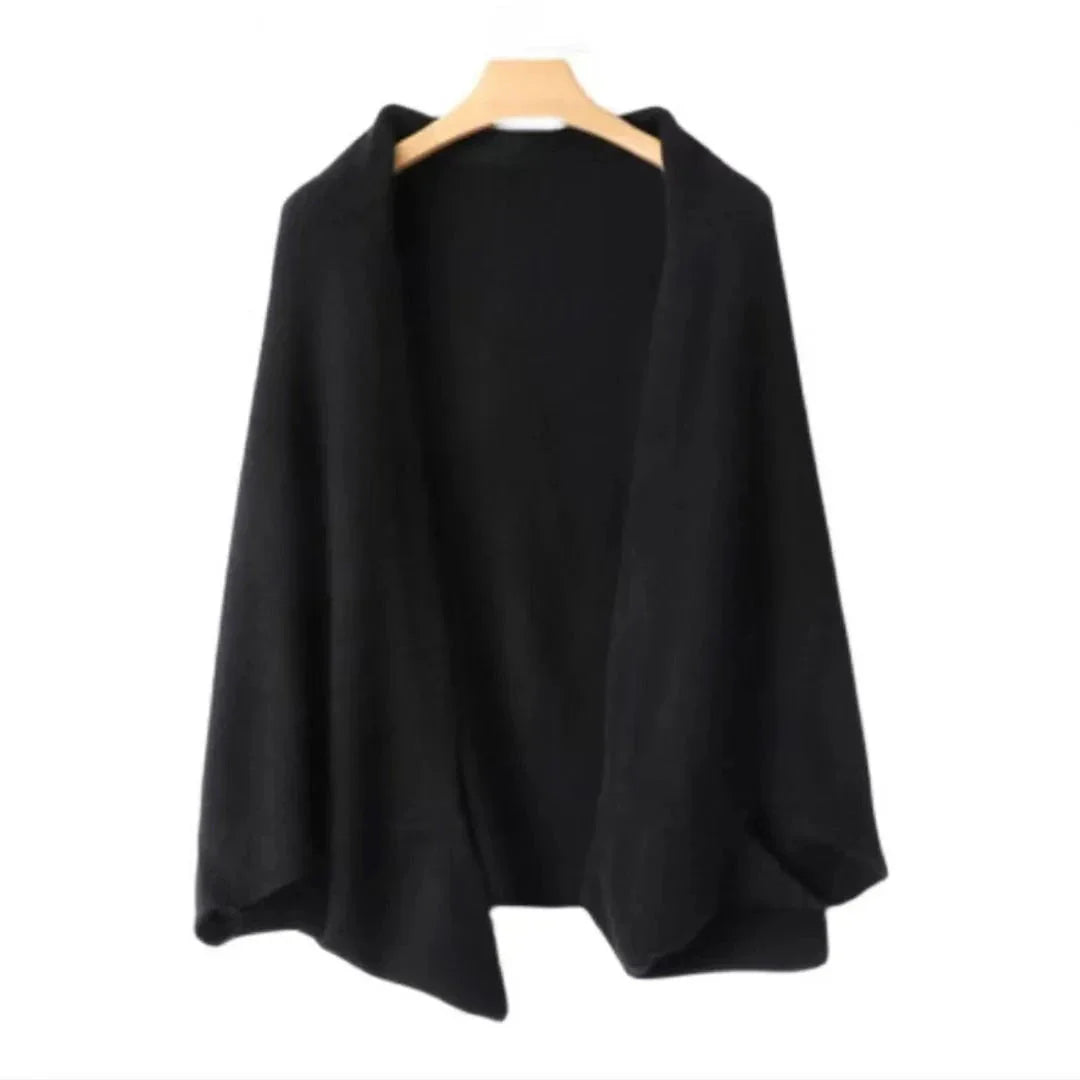 Ivory soft-knit wool shawl cardigan with open-front design and relaxed drape for effortless layering