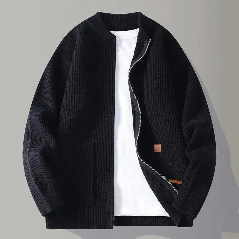 Austin ribbed knit zip-up cardigan jacket in neutral tone with spacious pockets, lightweight layering piece