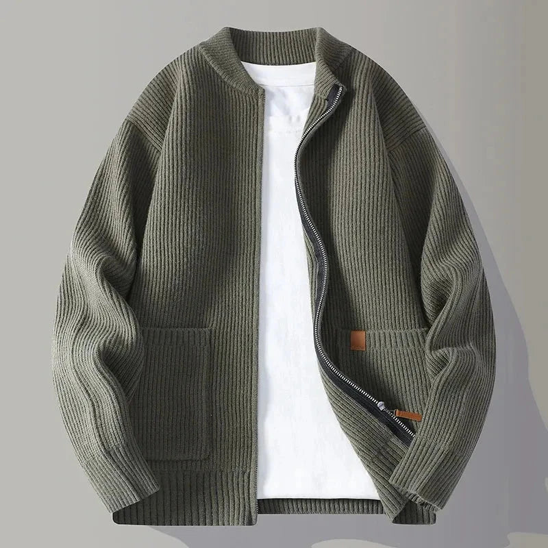 Austin ribbed knit zip-up cardigan jacket in neutral tone with spacious pockets and lightweight fit
