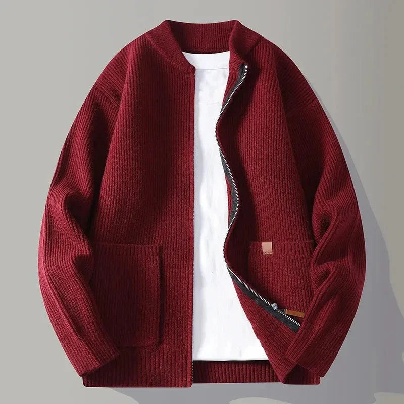Austin ribbed knit zip-up cardigan jacket in neutral tone with functional pockets and relaxed fit