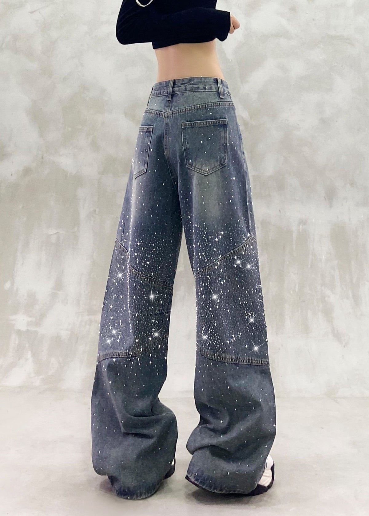 Pantalon droit en denim à taille haute et zircon, nouveauté automne - Wavlynn