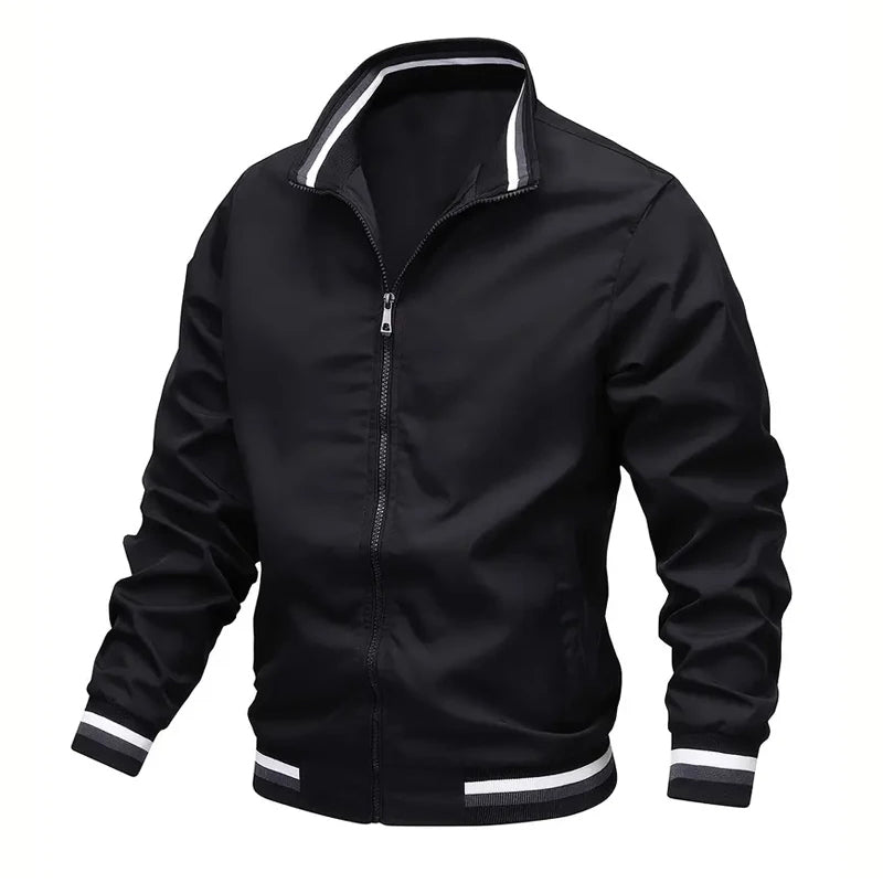 Men's lightweight windbreaker jacket with stand collar, striped ribbed cuffs and hem, sporty athletic cut