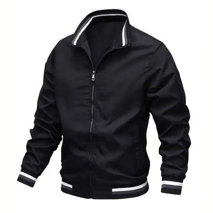 Men's lightweight windbreaker jacket with stand collar, striped ribbed cuffs and hem, sporty athletic cut