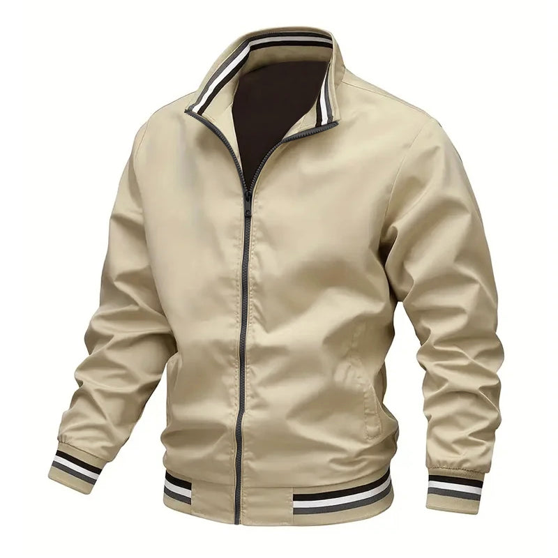 Men's lightweight windbreaker jacket with stand collar, striped ribbed cuffs and hem, sporty athletic fit