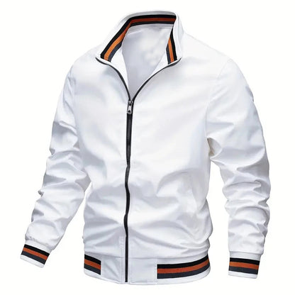 Men's lightweight windbreaker jacket in solid color with striped ribbed cuffs, stand collar, sporty athletic fit