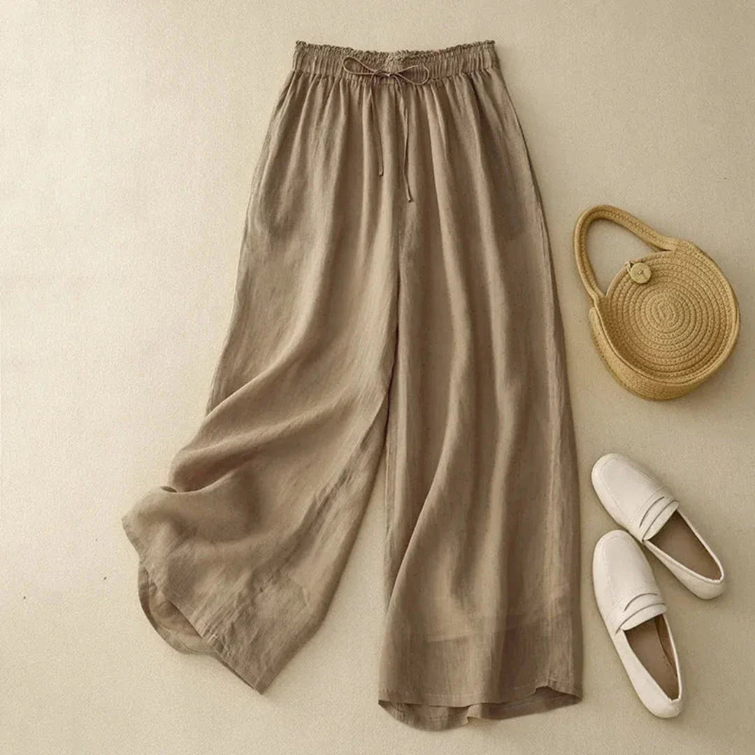 Ava beige linen wide-leg pants high-waist drawstring closure relaxed flowy silhouette