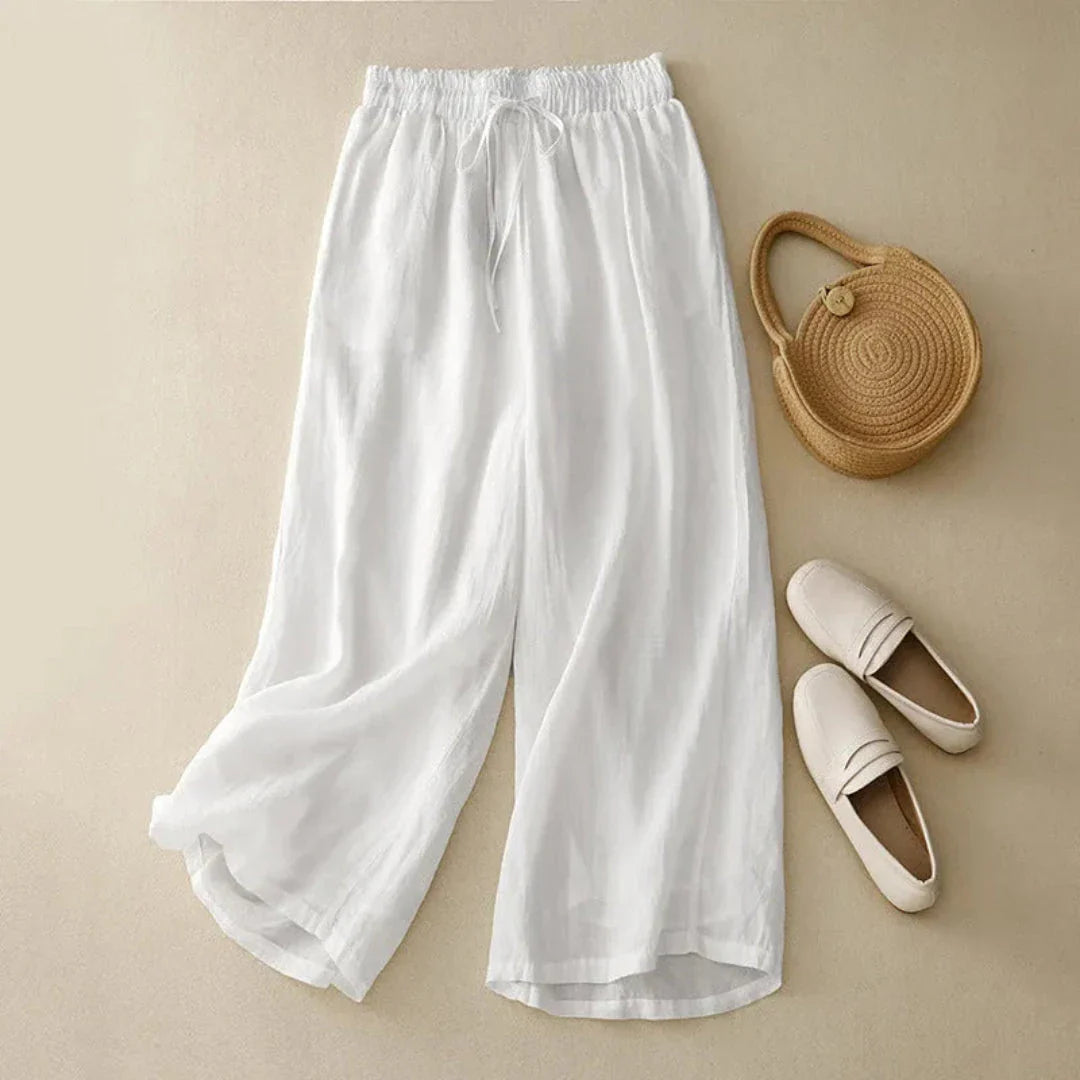 Ava beige linen wide-leg pants high-waist drawstring closure relaxed flowy silhouette