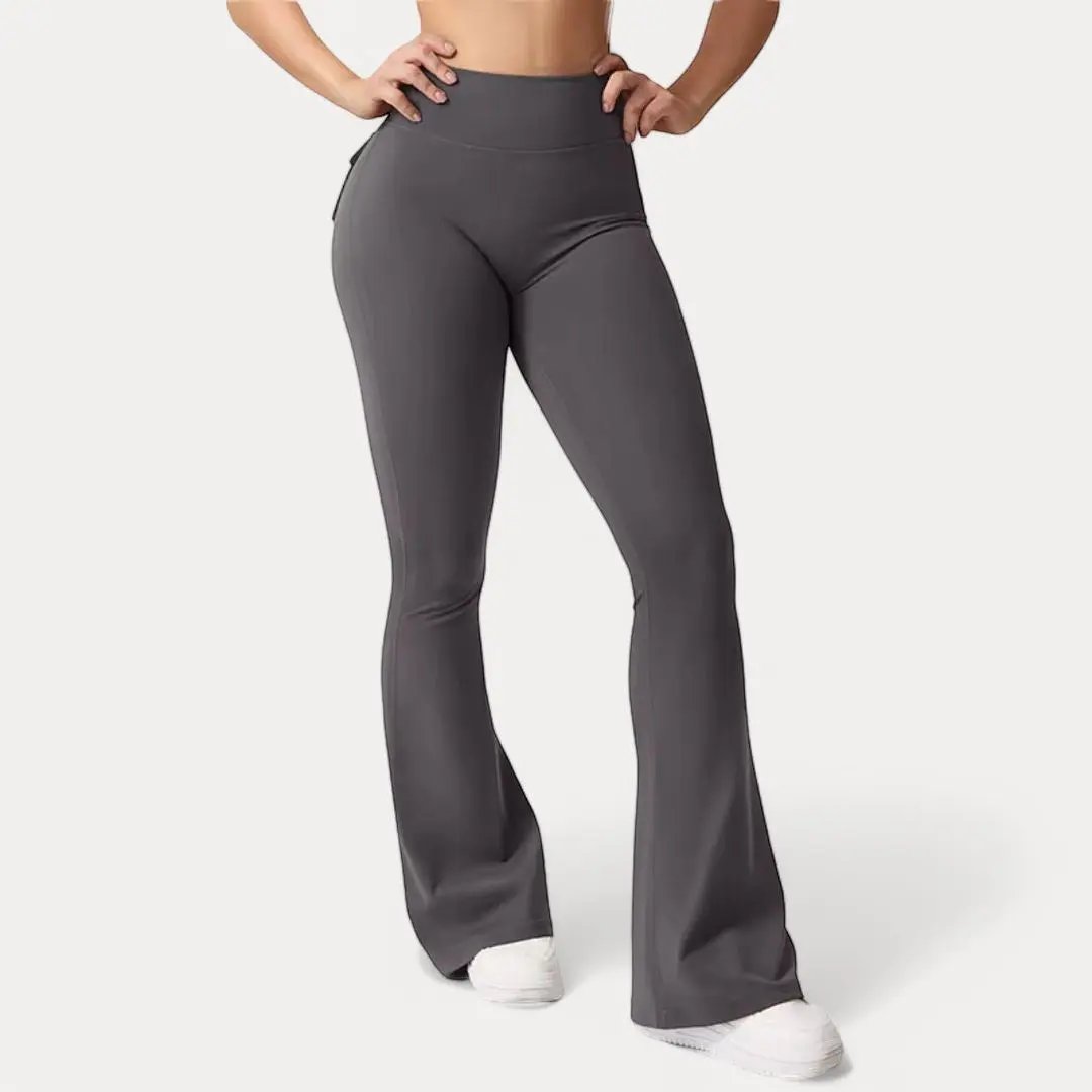 High-waisted flare leggings with scrunch-back detail and functional pocket for workout or casual wear